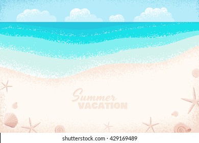 Blue and bright turquoise sea, white sand, sky, clouds, seashells and starfishes. Tropical beach horizontal background. Retro vector illustration. Place for your text. Poster, invitation, card, banner