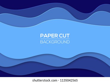 Blue bright wave paper cut background template. Flyer, cover, banner design. Trendy vector abstract shapes for presentations and posters.