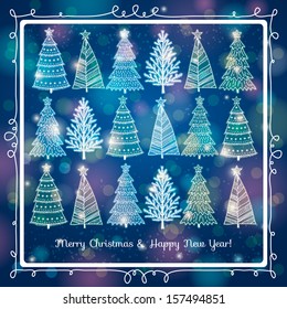 blue brightness background with forest of christmas trees, vector illustration