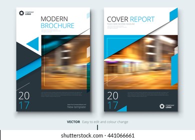 Blue brochure design. Corporate business template for report, catalog, magazine. Layout with modern styled photo and abstract triangle shapes. Creative presentation, poster or flyer vector concept