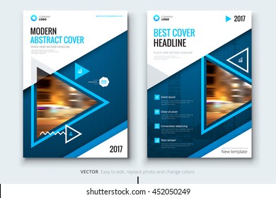 Blue Brochure design. Corporate business template for annual report, catalog, magazine. Layout with triangle photo and abstract triangle shapes. Creative leaflet, poster, flyer or banner concept