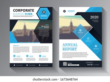 Blue brochure design, cover modern layout, annual report, poster, flyer in A4 with colorful triangles, geometric shapes for tech, science, market with light background