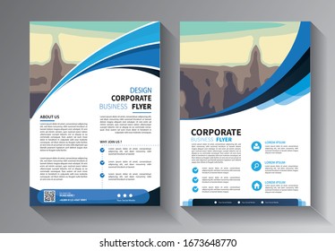 Blue brochure design, cover modern layout, annual report, poster, flyer in A4 with colorful triangles, geometric shapes for tech, science, market with light background