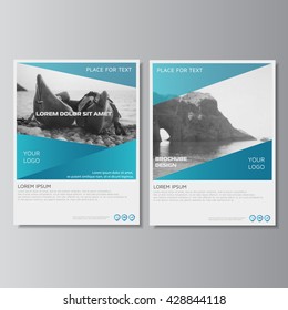 Blue brochure layout. Annual report, flyer template. Leaflet design. Magazine cover, poster template. Brochure design. Leaflet layout. Presentation template. Nature background. Vector sea photo.