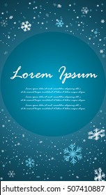 Blue brochure with snowflakes. Snowstorm. Vector Illustration.