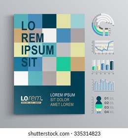 Blue brochure template design with color square shapes. Cover layout and infographics