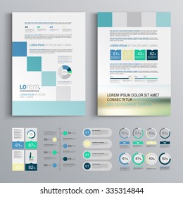 Blue brochure template design with color square shapes. Cover layout and infographics