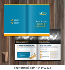 Blue brochure template design with orange lines. Cover layout