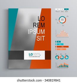 Blue brochure template design with red vertical shapes and horisontal stripes. Cover layout and infographics