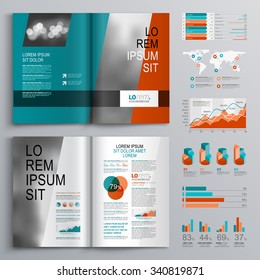 Blue brochure template design with red vertical shapes and horisontal stripes. Cover layout and infographics