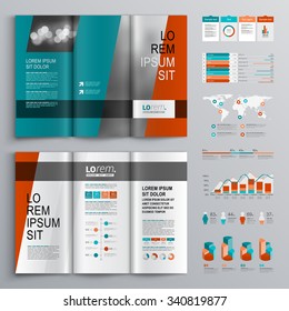 Blue brochure template design with red vertical shapes and horisontal stripes. Cover layout and infographics