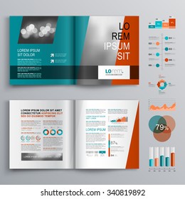 Blue brochure template design with red vertical shapes and horisontal stripes. Cover layout and infographics