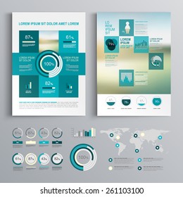 Blue brochure template design with square shapes. Cover layout and infographics