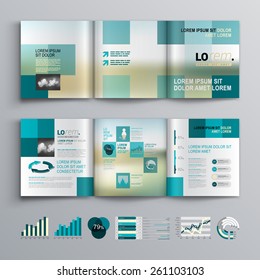 Blue brochure template design with square shapes. Cover layout and infographics