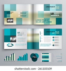 Blue brochure template design with square shapes. Cover layout and infographics
