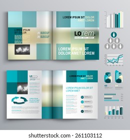 Blue brochure template design with square shapes. Cover layout and infographics