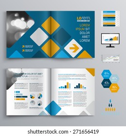 Blaue Broschüren Vorlage Design mit quadratischem Muster. Deckungslayout und Infografiken