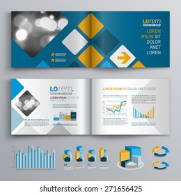Blue brochure template design with square pattern. Cover layout and infographics