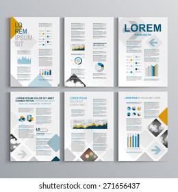 Blue brochure template design with square pattern. Cover layout and infographics