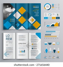 Blue brochure template design with square pattern. Cover layout and infographics