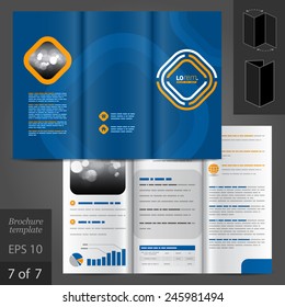 Blue brochure template design with white and yellow geometric elements. Cover layout