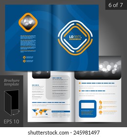Blue brochure template design with white and yellow geometric elements. Cover layout