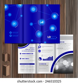 Blue brochure template design with white economic icons. Cover layout