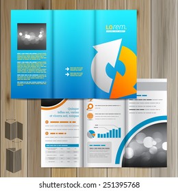 Blue brochure template design with white and yellow arrows. Cover layout
