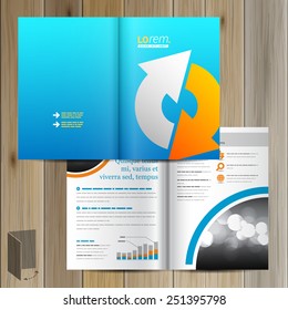 Blue brochure template design with white and yellow arrows. Cover layout