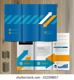 Blue brochure template design with white and orange arrows. Cover layout
