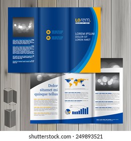 Blue brochure template design with yellow wave. Cover layout