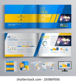 Blue brochure template design with yellow and gray diagonal shapes. Cover layout and infographics