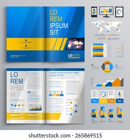 Blue Brochure Template Design With Yellow And Gray Diagonal Shapes. Cover Layout And Infographics