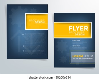 Blue brochure template flyer design background and yellow square box element and space for add picture and add text for engineer and industry article for your artwork in A4 paper Size , vector eps10