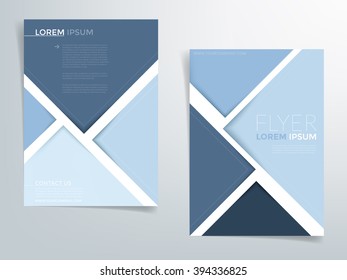 Blue brochure template flyer design vector background triangle blue element with paper layer overlap and sample text for A4 size