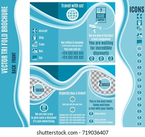 blue brochure for a travel company with white transport icons