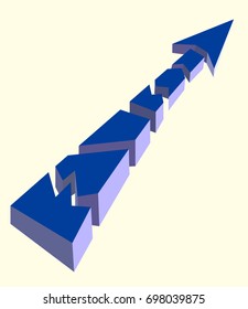 Blue broken arrow pointing upwards on a white background
