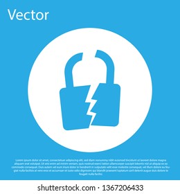 Blue Broken or cracked lock icon isolated on blue background. Unlock sign. White circle button. Vector Illustration