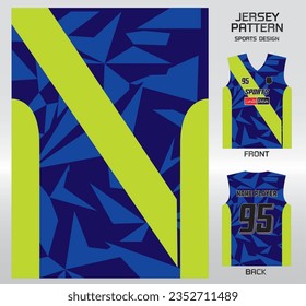 Blue broken glass with lime green pattern design, illustration, textile background for sports t-shirt, football jersey shirt mockup for football club. consistent front view