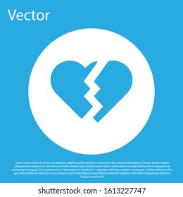 Blue Broken heart or divorce icon isolated on blue background. Love symbol. Valentines day. White circle button. Vector Illustration