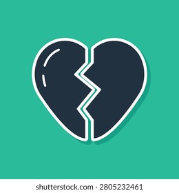Blue Broken heart or divorce icon isolated on green background. Love symbol. Valentines day.  Vector