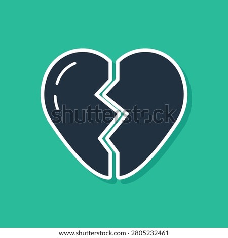 Blue Broken heart or divorce icon isolated on green background. Love symbol. Valentines day.  Vector