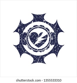 Blue broken heart icon inside distressed rubber grunge texture stamp