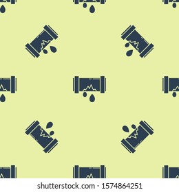 Blue Broken metal pipe with leaking water icon isolated seamless pattern on yellow background.  Vector Illustration