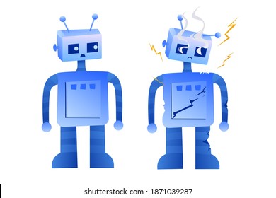 Blue broken robot character on a white background. Short circuit, broken machine assistant. Damage iron, urgent repair.