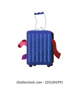 Blue broken suitcase with clothes vector illustration. Baggage or luggage, cartoon drawing of damaged plastic bag for traveling isolated on white background. Luggage, transportation, damage concept