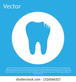 Blue Broken tooth icon isolated on blue background. Dental problem icon. Dental care symbol. White circle button. Flat design. Vector Illustration