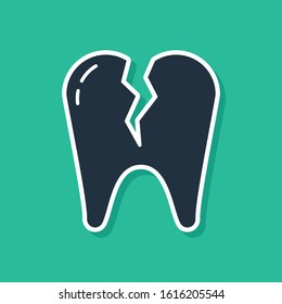 Blue Broken tooth icon isolated on green background. Dental problem icon. Dental care symbol.  Vector Illustration