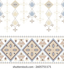 Blue and brown abstract geometric Native American vector texture seamless pattern with ethnic motifs. Boho style. Navajo style. Ideas for wallpaper, rugs, fabric borders, tiles, and pottery.