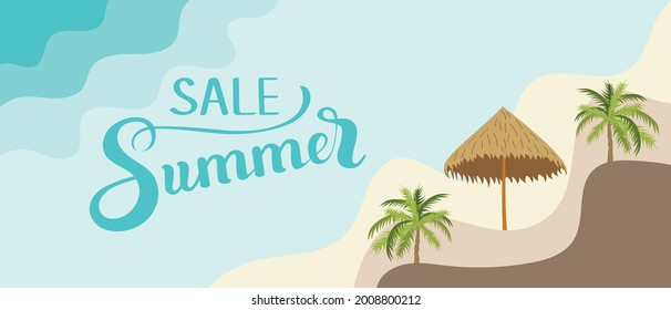 Blue and brown background for beach composition, texture of sea and beach waves. Lettering words summer, template for postcard design, ocean vacations.
